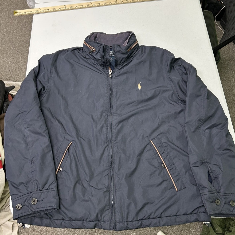 Polo Ralph Lauren Windbreaker Jacket Mens M Navy Blue Full Zip Leather Trim G2